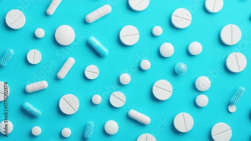 Colorful Arrangement of Various Pills and Tablets on Bright Blue Background for Medical and Pharmaceutical Themes 4k video footage