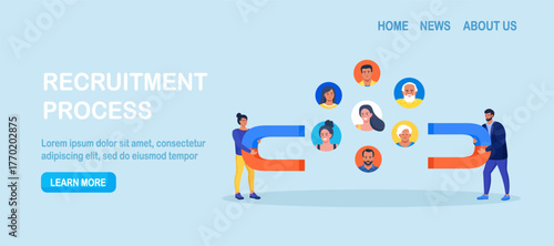 Businessmen using giant magnets pull customers. Clients retention strategy. Human resource recruiting candidates or talents. Marketing and advertising to target audience