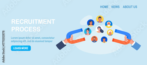 Customer attraction marketing strategy, social media audience. Businessman using giant magnets pull customers. Clients retention. Human resource recruiting candidates or talents. Generating new leads