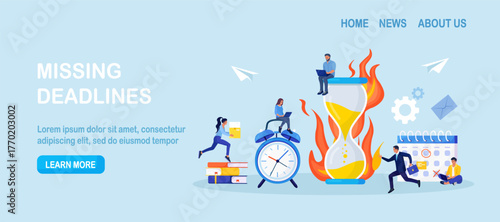 Procrastination and deadlines concept. Stressed people working near burning giant hourglass beside calendar and reminders. Time management, business productivity