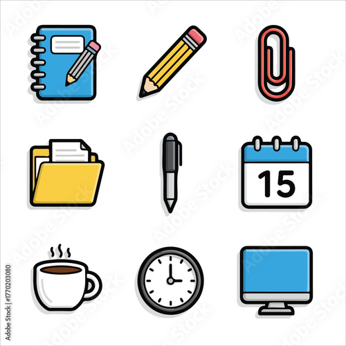 Flat lay of office supplies and stationery icons including a notebook, pencil, paperclip, folder, pen, calendar, coffee cup, clock, and computer on a white background with a graphic design