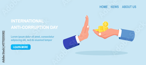 Stop corruption. Businessman does not accept money. Male character giving bribe with cash dollars. Struggle against fraud, illegal payment