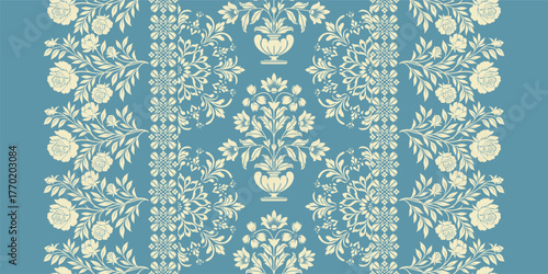 floral pattern vintage ethnic modern embroidery texture boho design vector illustration hand drawn pink flower motif branches leaves wallpaper seamless background border.	