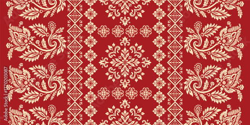 floral pattern vintage ethnic modern embroidery texture boho design vector illustration hand drawn pink flower motif branches leaves wallpaper seamless background border.	