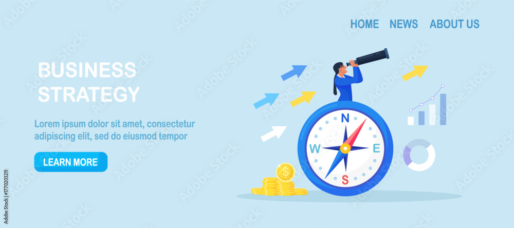 Fototapeta premium Businessman using compass for navigation and orientation in business. Person with binocular finding investment opportunity. Leadership or visionary. Make decision for business direction