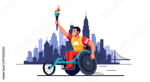 Wheelchair athlete celebrating victory with a torch in front of a city skyline
