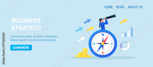 Businessman using compass for navigation and orientation in business. Person with binocular finding investment opportunity. Leadership or visionary. Make decision for business direction