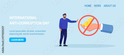 Stop corruption. Businessman does not accept money. Male character giving bribe with cash dollars. Struggle against fraud, illegal payment