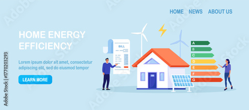 Energy efficient home with solar panels. Green environment. Energy consumption in household. Smart eco house certification system label with performance classes. Sustainability. Power save concept