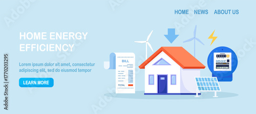 Residential house with rooftop solar panels, representing eco-friendly modern home architecture. Characters using energy efficient devices, paying less and saving money. Green environment. Power save