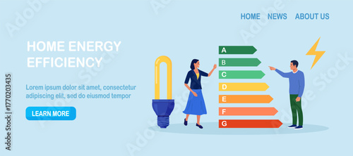 Home energy consumption efficiency rating. Smart eco house certification system label with performance classes. Characters using energy efficient devices. Green environment. Power save concept