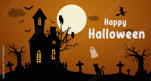 Vector cartoon illustration of a scary haunted house on a dark Halloween night with a full moon and bats flying around a spooky tree silhouette.
