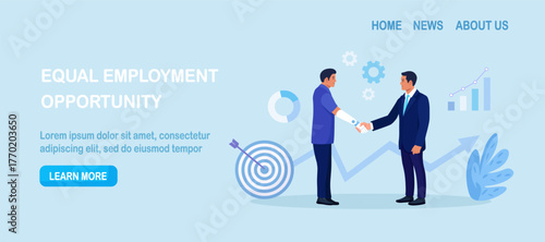 Disabled man with prosthesis shaking hands with colleague. Businessman handshake with employee with disability. Employment contract agreement. Business collaboration, partnership