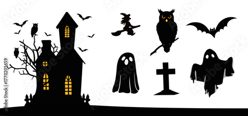 A spooky vector set of Halloween Collection icons with a haunted castle silhouette, scary pumpkin, bat, and cat under the dark night moon for your design illustration.
