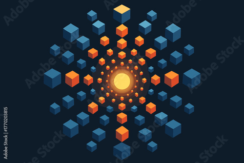 Core rhythm producing orbit illustration configuration cube futuristic clusters around vector movement