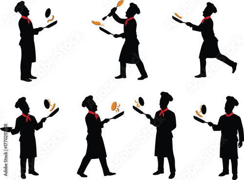 PrintProfessional chef flipping pancakes in frying pan, cooking silhouette illustration, culinary art concept, restaurant kitchen worker, breakfast preparation vector design