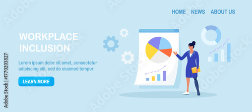 Woman with leg prosthesis giving presentation and analysis data. Social adaptation of people with disabilities. Inclusive workplace. Disabled person showing with pointer to diagram