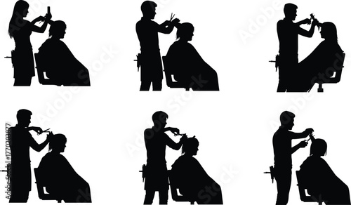 PrintProfessional hairstylist silhouette cutting hair in salon, barber working with client, haircut and beauty service concept, hairdresser illustration vector design