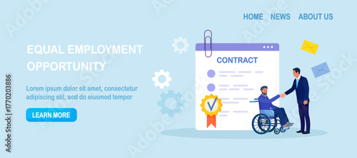 Disabled man in wheelchair shaking hands with colleague. Businessman handshake with employee with disability. Employment contract agreement, corporate partnership document with signature