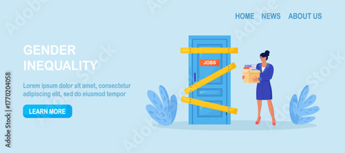 Business woman is standing near the closed door. Unequal social rights and work problems. Gender inequality and discrimination, career. Social inequality making obstacles for work and business growth