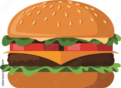 Hamburger vector illustration featuring a delicious cheeseburger with sesame seed bun lettuce tomato and cheese