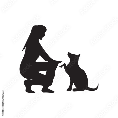 Woman Training Dog Silhouette Vector – Pet Obedience and Friendship Illustration Isolated on White Background