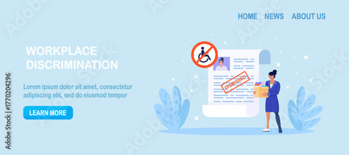 Discrimination against disabled people. Woman with prosthesis is fired. Sad jobless person, career failure. Unemployed have problems in job seeking. Diversity and inclusion concept