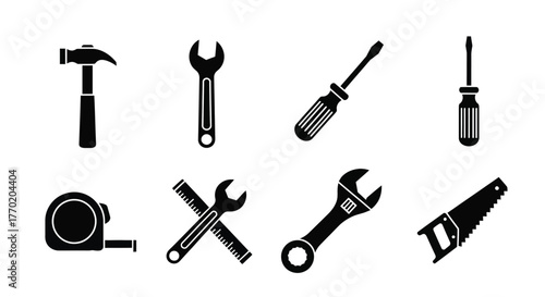 A collection of common hand tools displayed in a simple black and white style