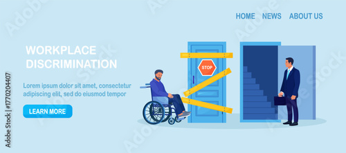 Ableism, discrimination, prejudice against hiring people with disability, unequal rights. Man with disability cannot move up career ladder. Person in wheelchair with mobility problems