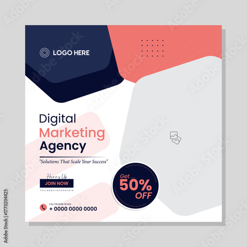 Creative social media poster template with fifty percent discount offer.