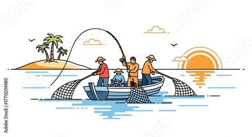 Fishing team catches fish with nets on a boat in the ocean illustration