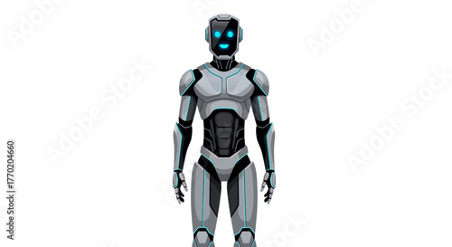 Futuristic Robot Standing, A Sleek And Advanced Humanoid Android With Glowing Blue Eyes