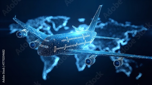 Fototapeta Naklejka Na Ścianę i Meble -  Global air travel illustration, showcasing an airplane amidst a digitalized world map.