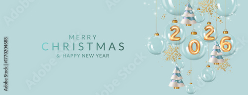 Christmas and New Year background with transparent glass balls and numbers 2026	