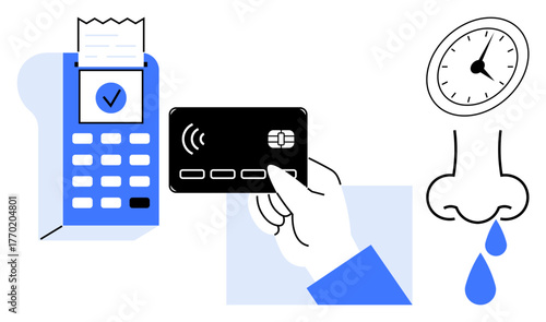 Hand holding contactless card near payment terminal with a receipt, teardrop by nose, and clock. Ideal for technology, finance, time-saving, emotion, efficiency, shopping simple flat metaphor