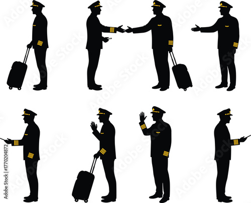 PrintSilhouette of airplane pilots in uniform greeting each other, shaking hands, and carrying luggage, professional aviation crew ready for flight travel