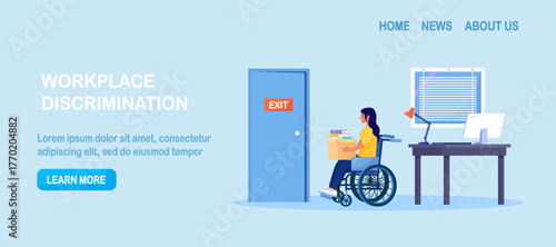 Discrimination against disabled people. Woman in wheelchair is fired. Sad jobless person, career failure. Unemployed have problems in job seeking. Diversity and inclusion concept