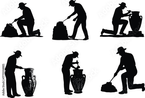 PrintSilhouette of archaeologist digging and discovering ancient artifacts, pottery excavation, historical research, exploration, culture preservation, archaeology discovery concept illustration