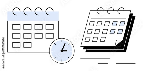 Calendar pages with dates and a clock symbolizing planning, scheduling, and time management. Ideal for productivity, organization, project planning, task prioritization, event scheduling, reminders