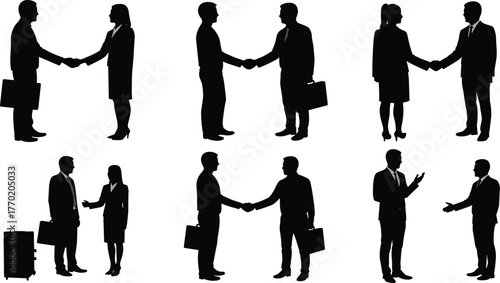 PrintSilhouette of business people shaking hands, professional men and women discussing agreement, teamwork and corporate partnership concept, vector illustration