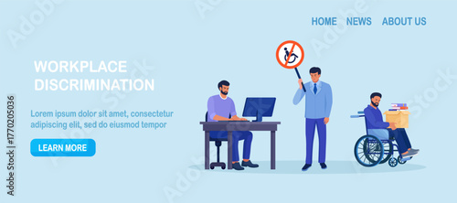 Discrimination and social prejudice against people with disabilities. Jobless person in wheelchair trying find job employers rejected of worker. Dismissal, career failure