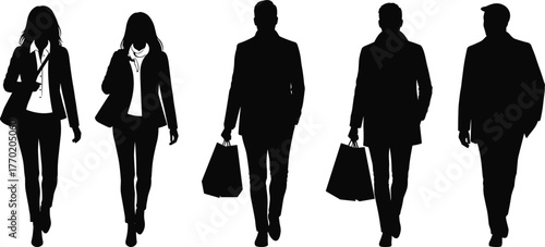 PrintSilhouette of business people walking with shopping bags, men and women in formal attire, teamwork and lifestyle concept illustration
