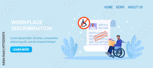 Discrimination and social prejudice against people with disabilities. Jobless person in wheelchair trying find job employers rejected of worker. Dismissal, career failure