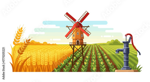 Rural landscape with a windmill, water pump, and ripe wheat field