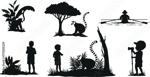 PrintSilhouette of children exploring nature, watching lemurs, rowing boat, wildlife observation, jungle adventure, tropical forest, outdoor activity, animal watching