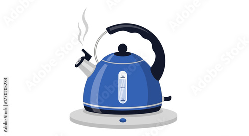 Vector illustration of a blue electric kettle boiling water with steam rising from the spout