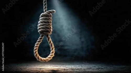 A noose hangs, spotlighted, in a dark room. The rope is textured against a dim backdrop