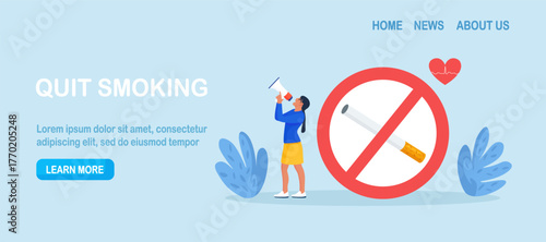 Quit smoking. World No Tobacco Day. Speaker promoting health awareness through stop nicotine addiction. Smokers quitting smoke cigarettes, refusing from tobacco, rejecting from unhealthy bad habit