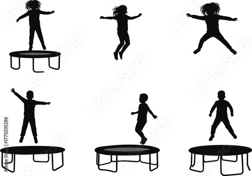 PrintSilhouette of children jumping on trampolines, active kids, outdoor fun, playful exercise, fitness, energy, recreation, childhood joy, movement, bounce