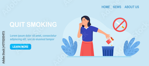 Quit smoking concept. Woman throws away packaging in trash can. Stop nicotine addiction. Smokers quitting smoke cigarettes, refusing from tobacco, rejecting from unhealthy bad habit